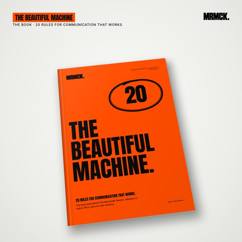 Cover of The Beautiful Machine: an orange book with bold black title type, a large 20 circled in black and the line 20 rules for communication that works